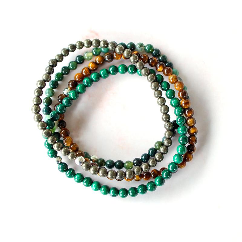 Dainty Attract Money Crystal Bracelet Stack lPyrite, Tigers Eye, Moss Agate, Malachite