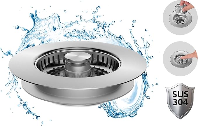 Hibbent All Metal Stainless Steel 3 in 1 KitchenSink Drain Strainer and Stopper Combo