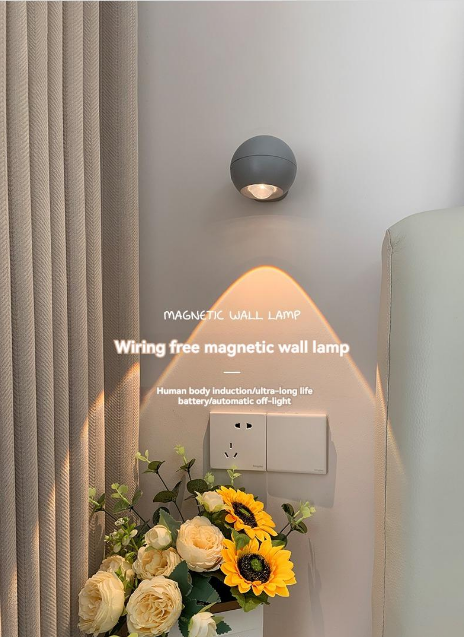 LED Magnetic Wall Lamp, Wall Lamp withRechargeable Battery Powered by SpotlightSpotlight Source 3 Brightness Levels 360°Rotating Magnetic Ball, Touch & Remote Controlfor