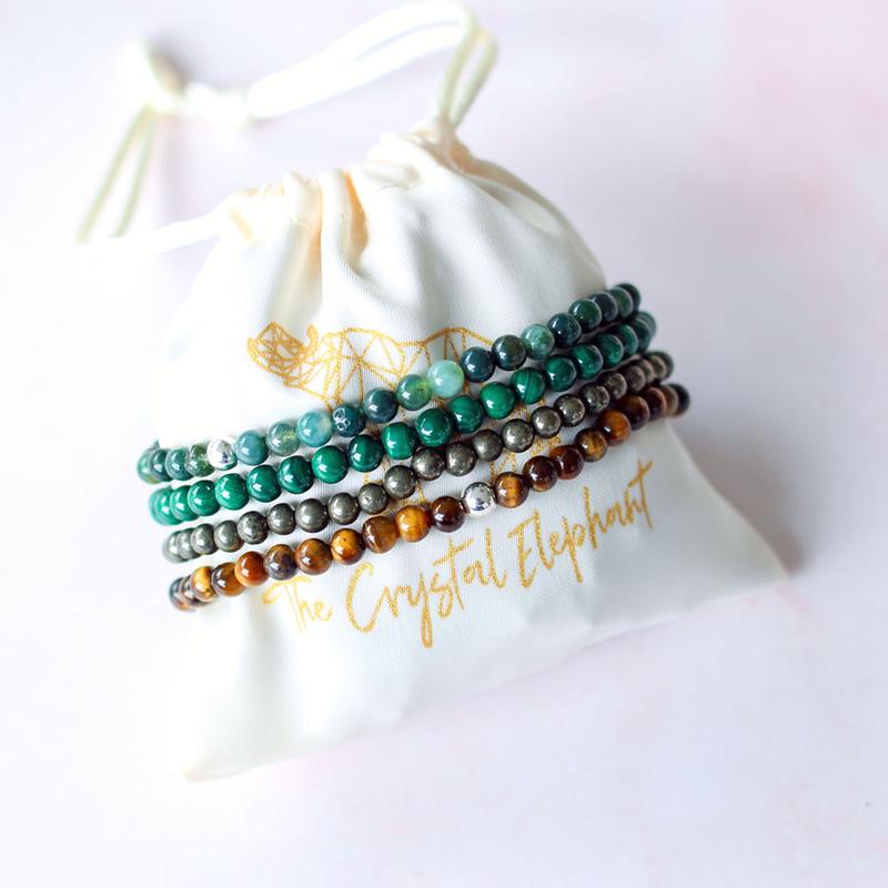 Dainty Attract Money Crystal Bracelet Stack lPyrite, Tigers Eye, Moss Agate, Malachite