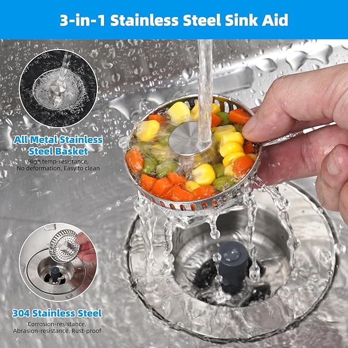 Hibbent All Metal Stainless Steel 3 in 1 KitchenSink Drain Strainer and Stopper Combo