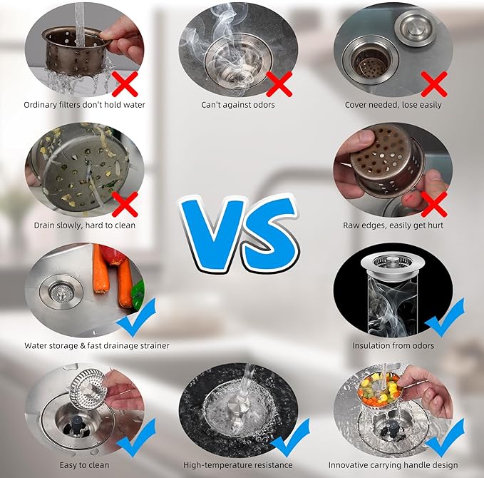 Hibbent All Metal Stainless Steel 3 in 1 KitchenSink Drain Strainer and Stopper Combo