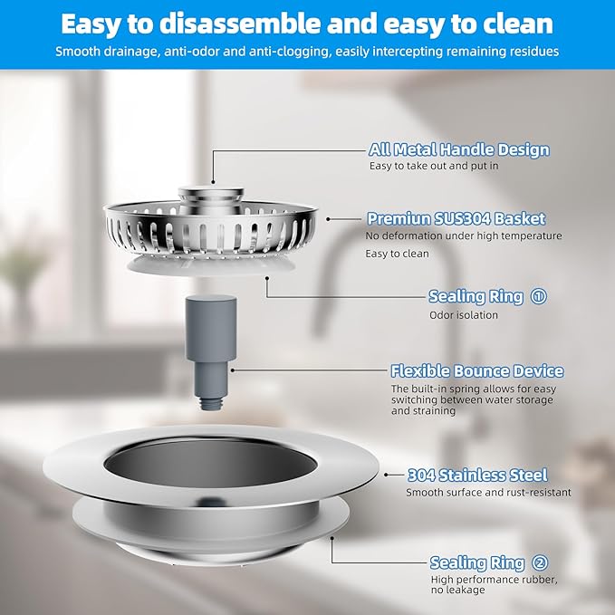 Hibbent All Metal Stainless Steel 3 in 1 KitchenSink Drain Strainer and Stopper Combo