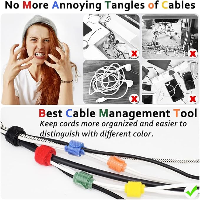 80pcs Cable Ties Reusable Multicolor, Wire Ties, Cord Ties Reusable for Electronics, Hook and Loop Microfiber Cable Ties Extension for Storage, 4, 6, 8 inch with 6 Colors