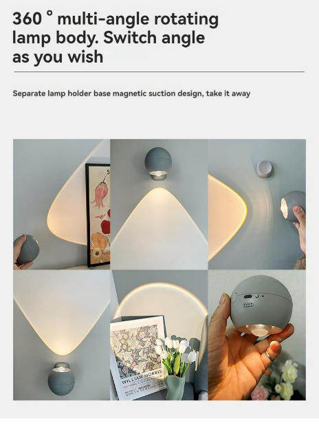 LED Magnetic Wall Lamp, Wall Lamp withRechargeable Battery Powered by SpotlightSpotlight Source 3 Brightness Levels 360°Rotating Magnetic Ball, Touch & Remote Controlfor
