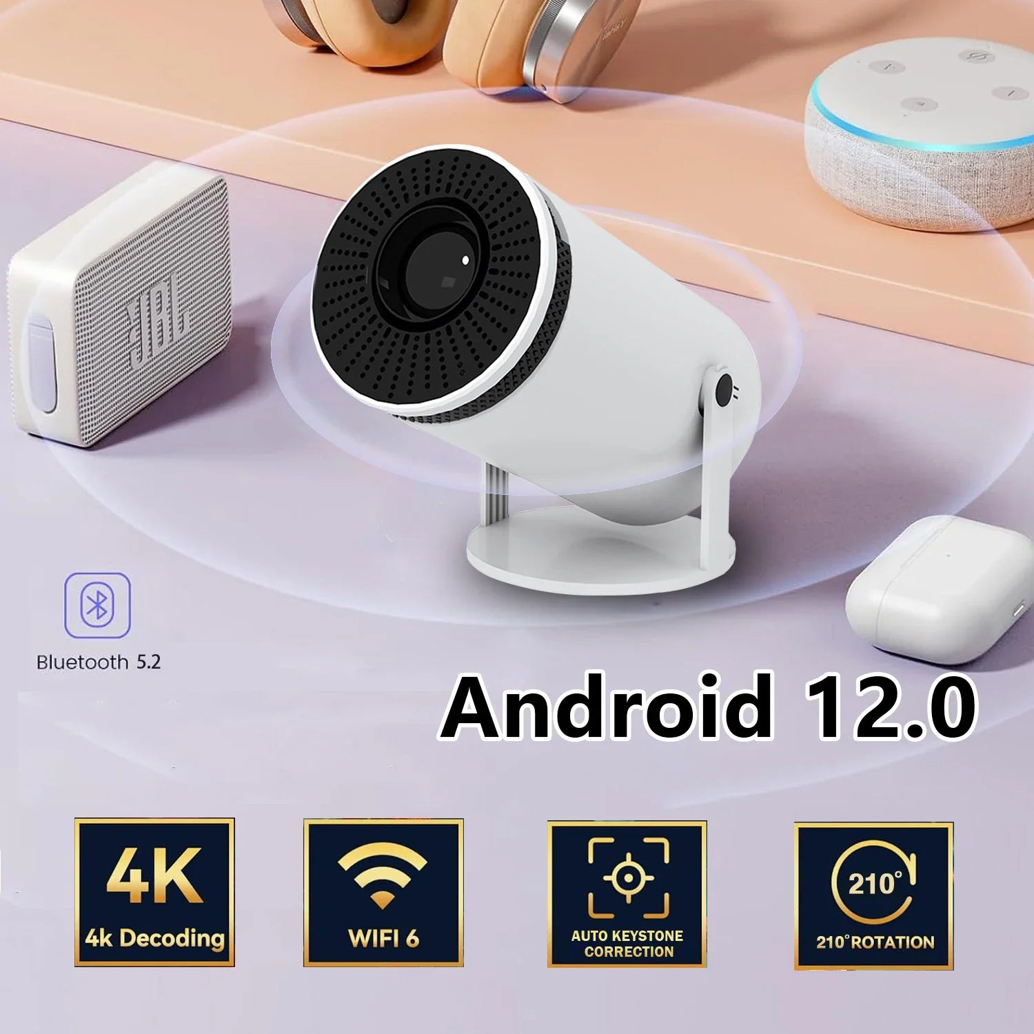 Proyector Led Plus UltraBeam HD, Compatible con WiFi 6, BT5.2 con Sistema Operativo Android 12.0, CorrecciÓN Trapezoidal AutomÁTica, Pantalla De 130 Pulgadas para TelÉFono/PC/Stick, HDMI  Compatible PS5, Xbox, Zoom Digital