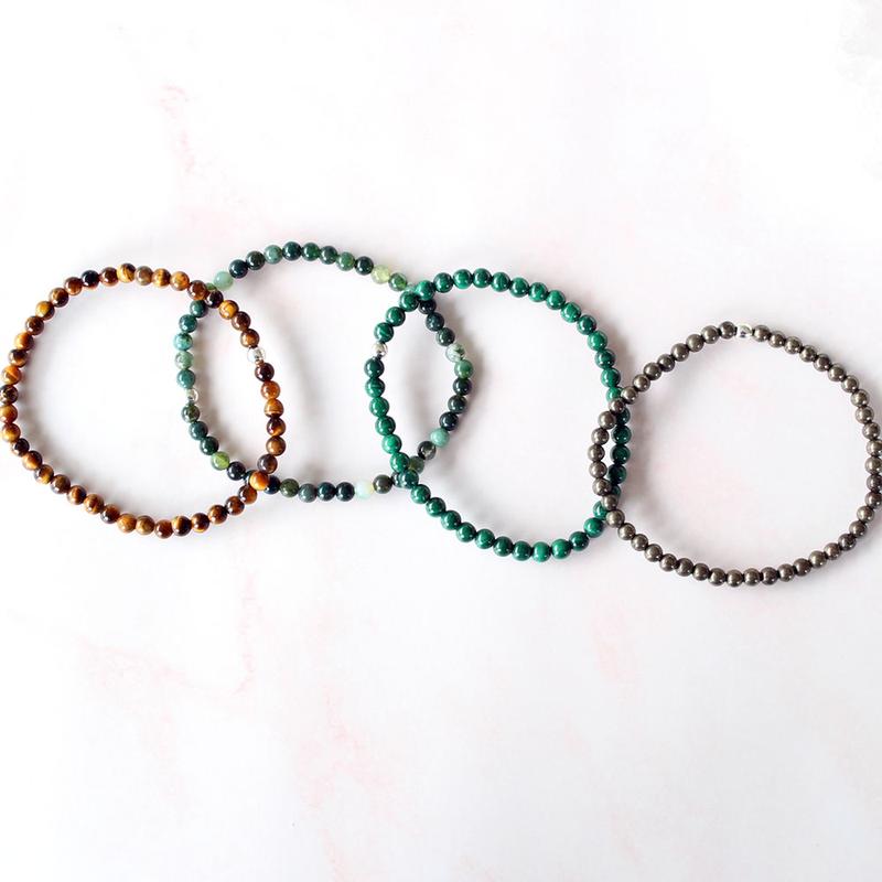 Dainty Attract Money Crystal Bracelet Stack lPyrite, Tigers Eye, Moss Agate, Malachite