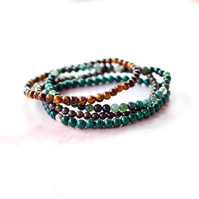 Dainty Attract Money Crystal Bracelet Stack lPyrite, Tigers Eye, Moss Agate, Malachite