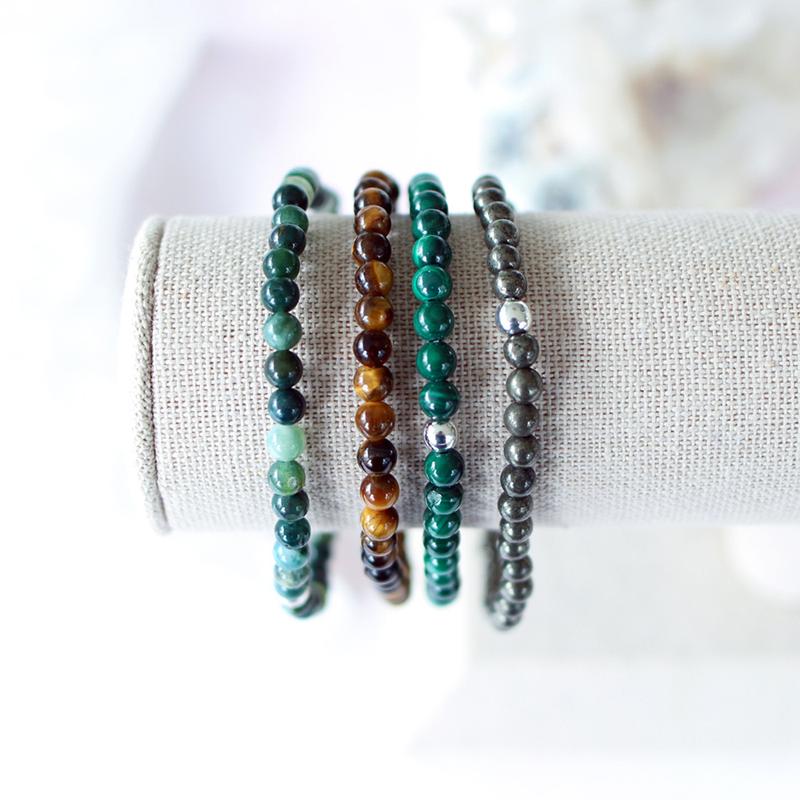 Dainty Attract Money Crystal Bracelet Stack lPyrite, Tigers Eye, Moss Agate, Malachite