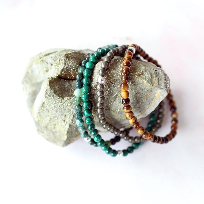 Dainty Attract Money Crystal Bracelet Stack lPyrite, Tigers Eye, Moss Agate, Malachite